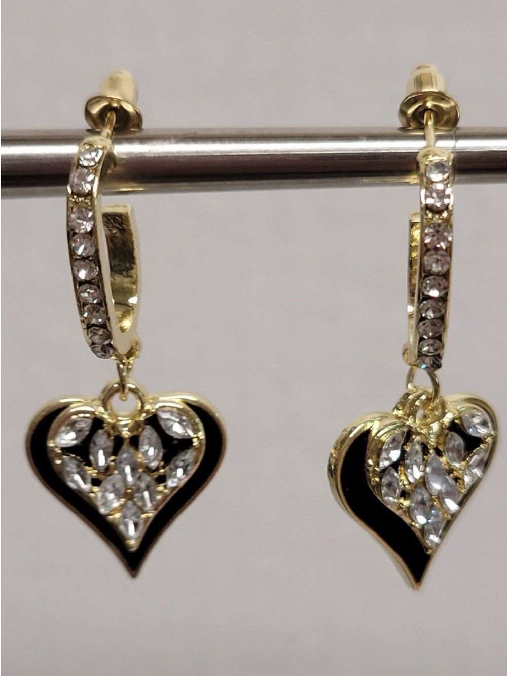 Gold Tone Heart Drop Earrings with Black Enamel and Crystal Accents